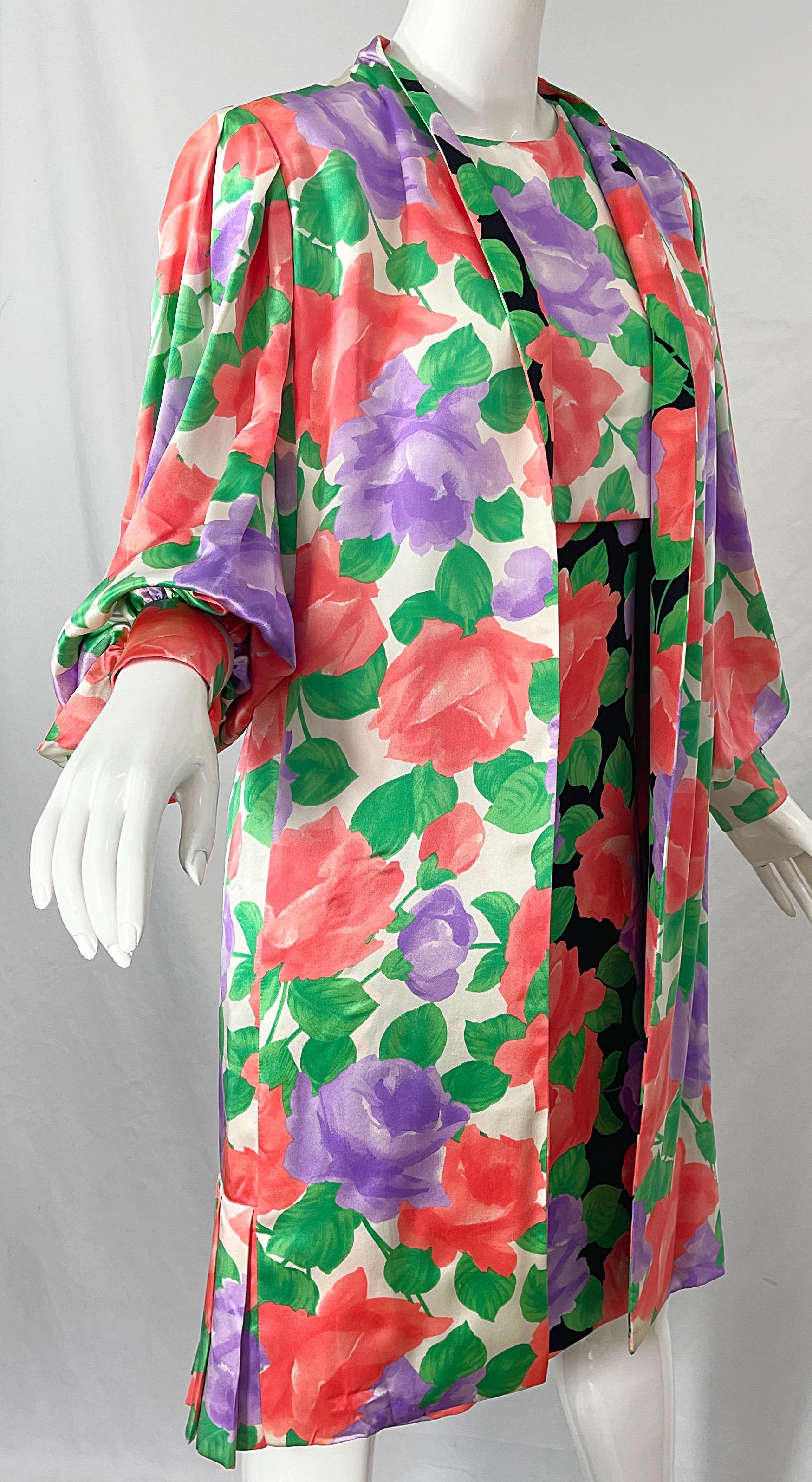 1980s James Galanos Rose Floral Print Silk Vintage 80s Dress + Swing Jacket For Sale 11