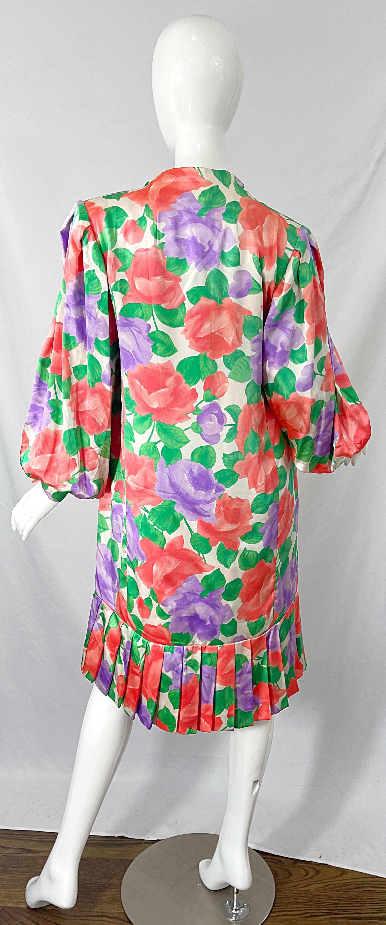 1980s James Galanos Rose Floral Print Silk Vintage 80s Dress + Swing Jacket For Sale 12