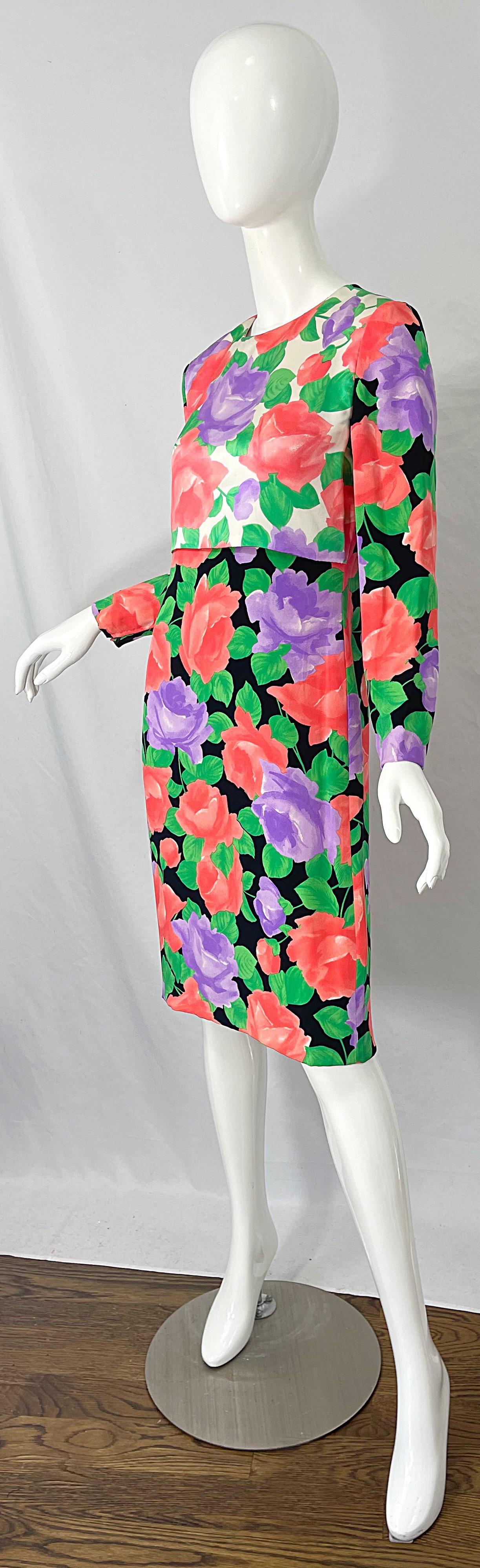 1980s James Galanos Rose Floral Print Silk Vintage 80s Dress + Swing Jacket For Sale 13