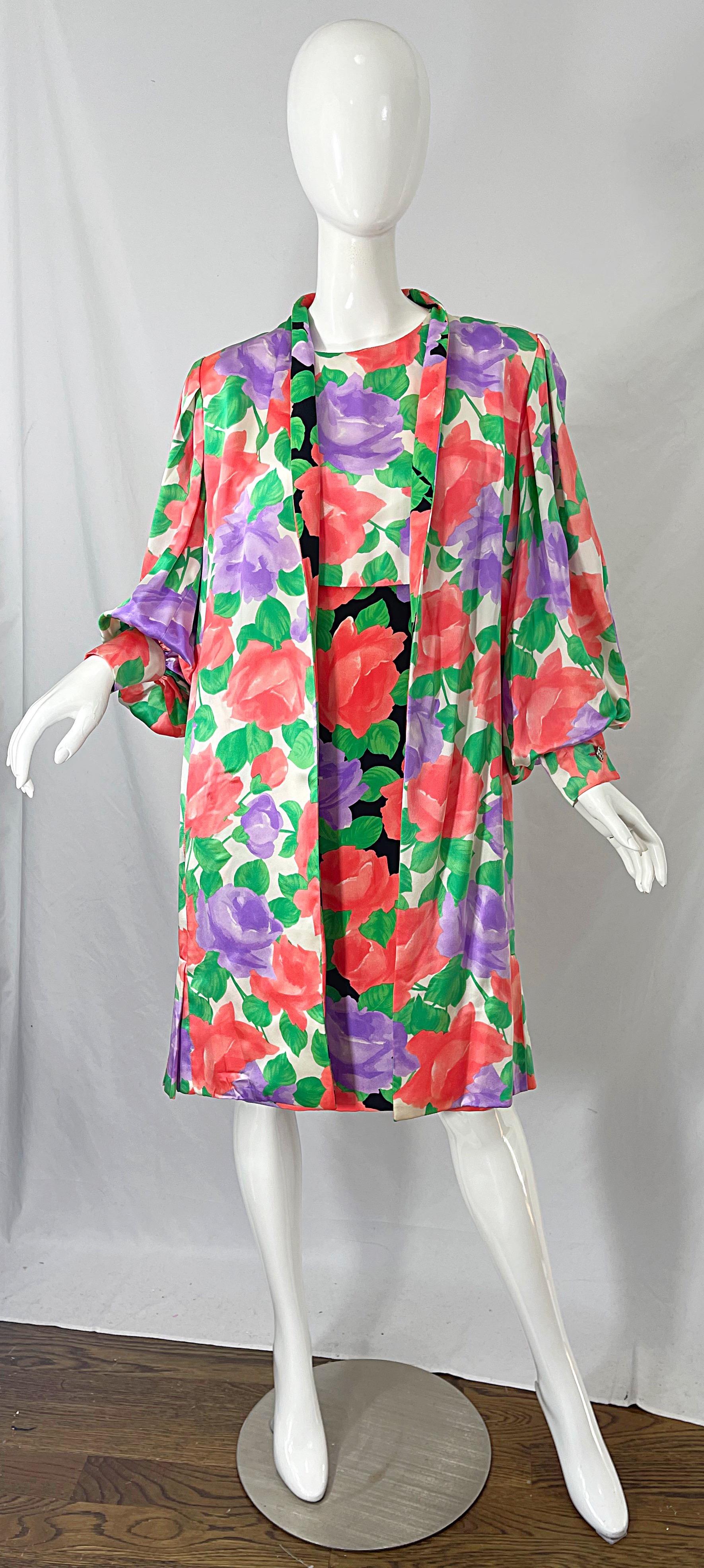 1980s James Galanos Rose Floral Print Silk Vintage 80s Dress + Swing Jacket For Sale 14