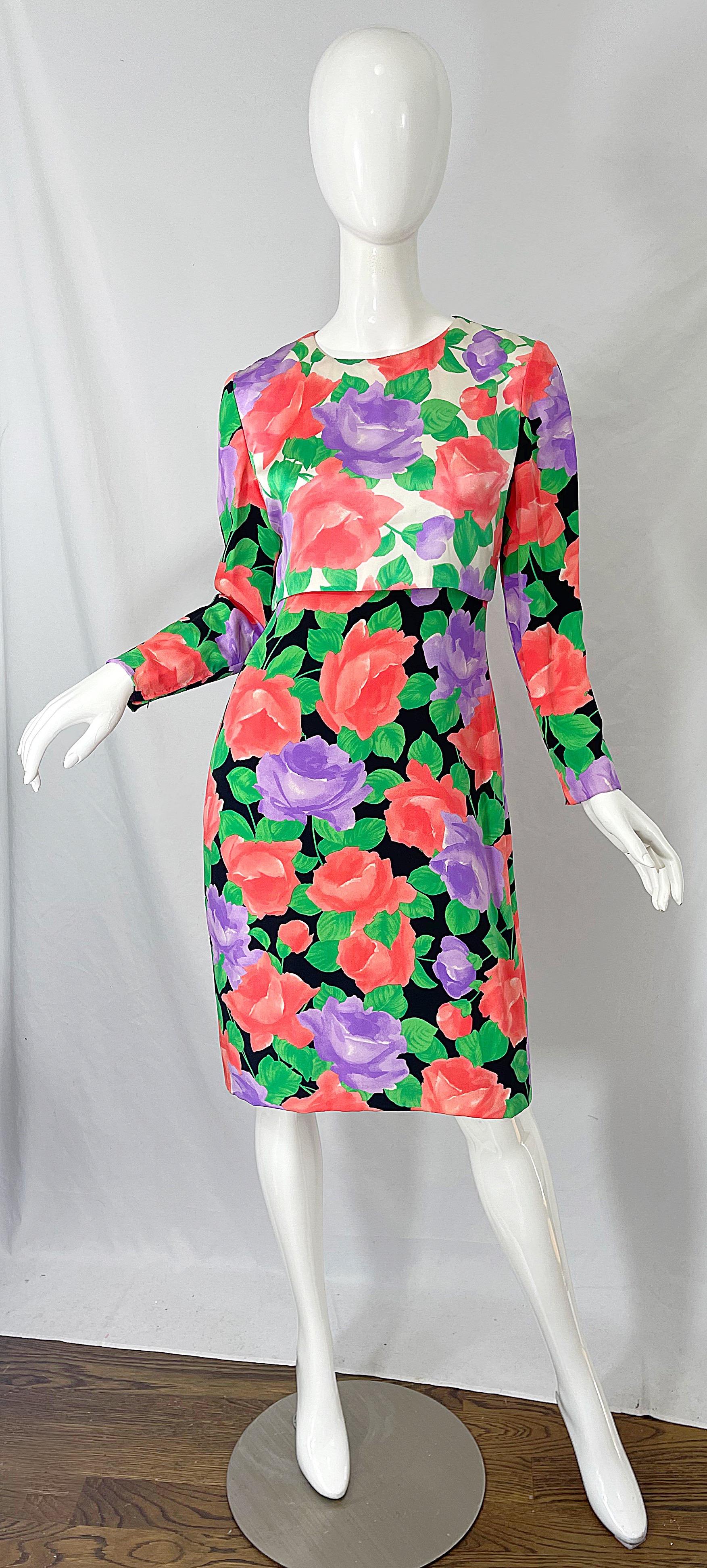 Pink 1980s James Galanos Rose Floral Print Silk Vintage 80s Dress + Swing Jacket For Sale