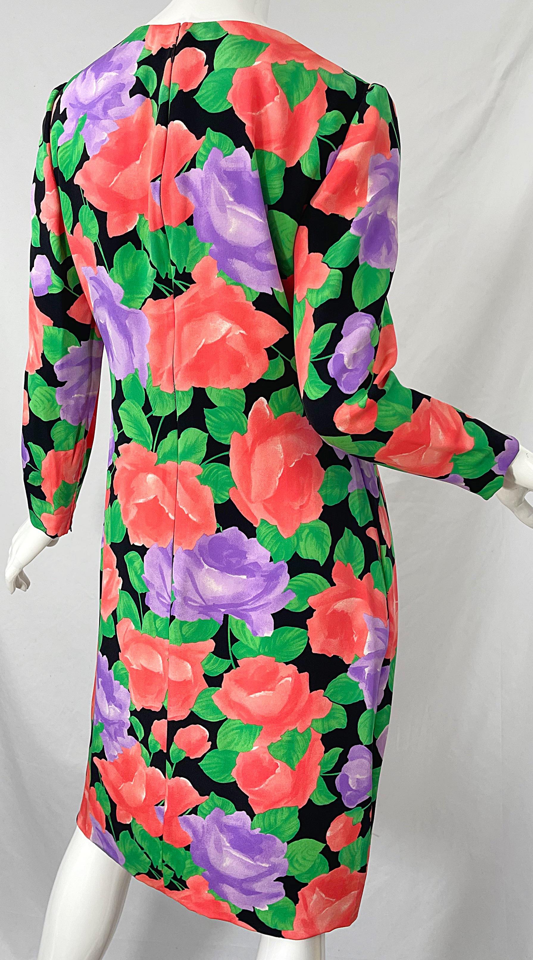 1980s James Galanos Rose Floral Print Silk Vintage 80s Dress + Swing Jacket In Excellent Condition For Sale In San Diego, CA