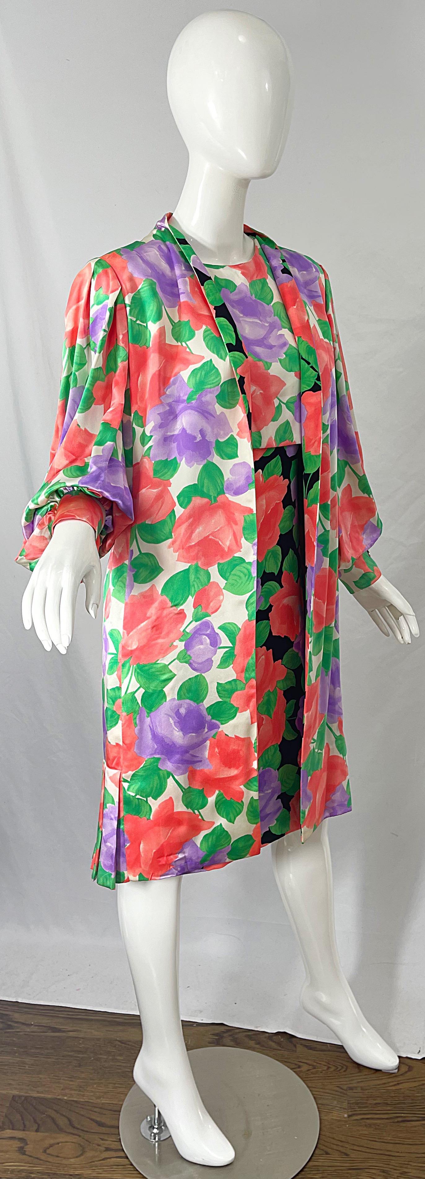 1980s James Galanos Rose Floral Print Silk Vintage 80s Dress + Swing Jacket For Sale 1