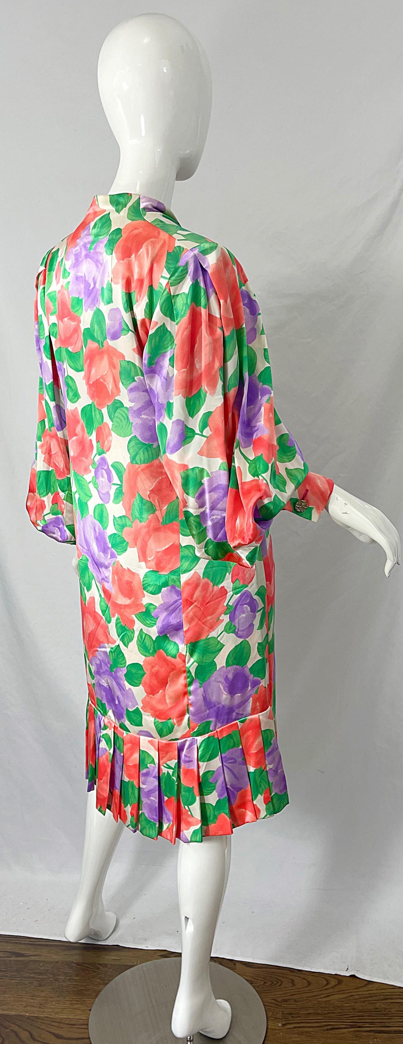 1980s James Galanos Rose Floral Print Silk Vintage 80s Dress + Swing Jacket For Sale 2