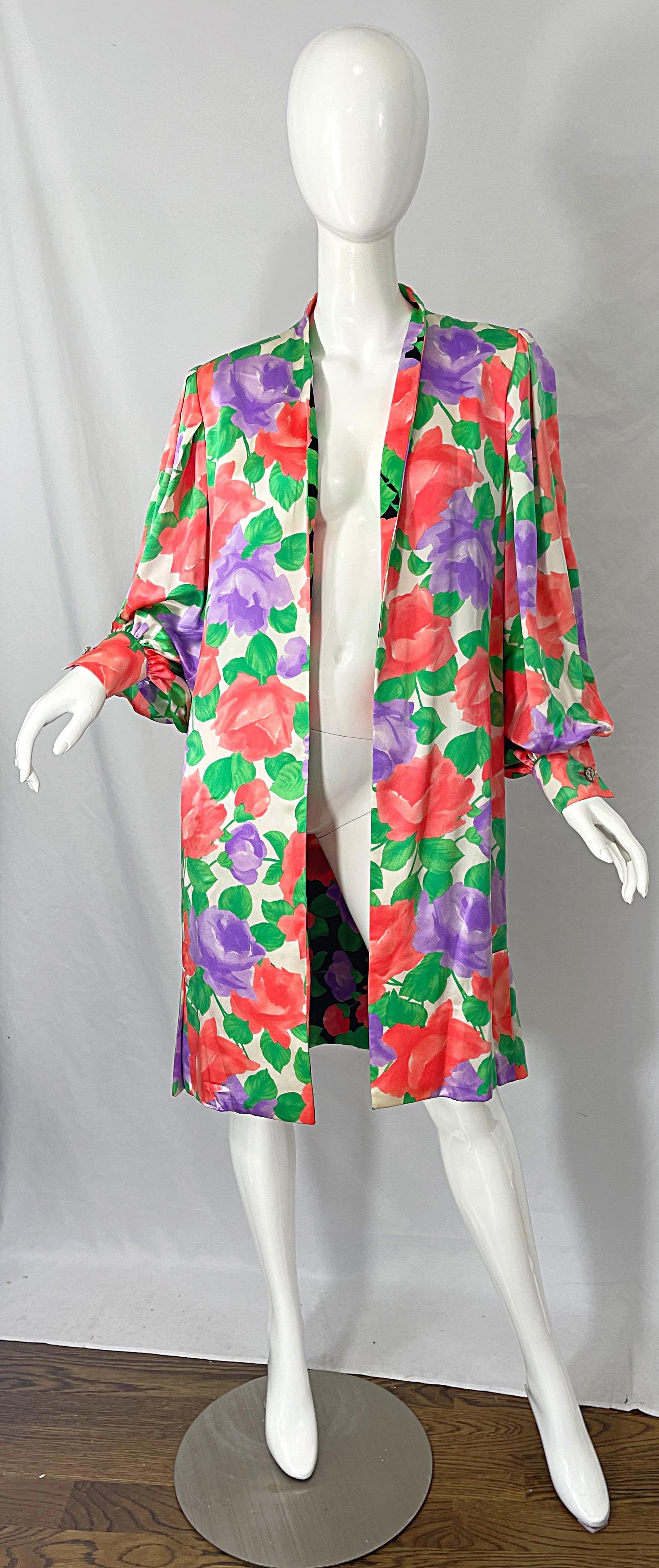 1980s James Galanos Rose Floral Print Silk Vintage 80s Dress + Swing Jacket For Sale 3