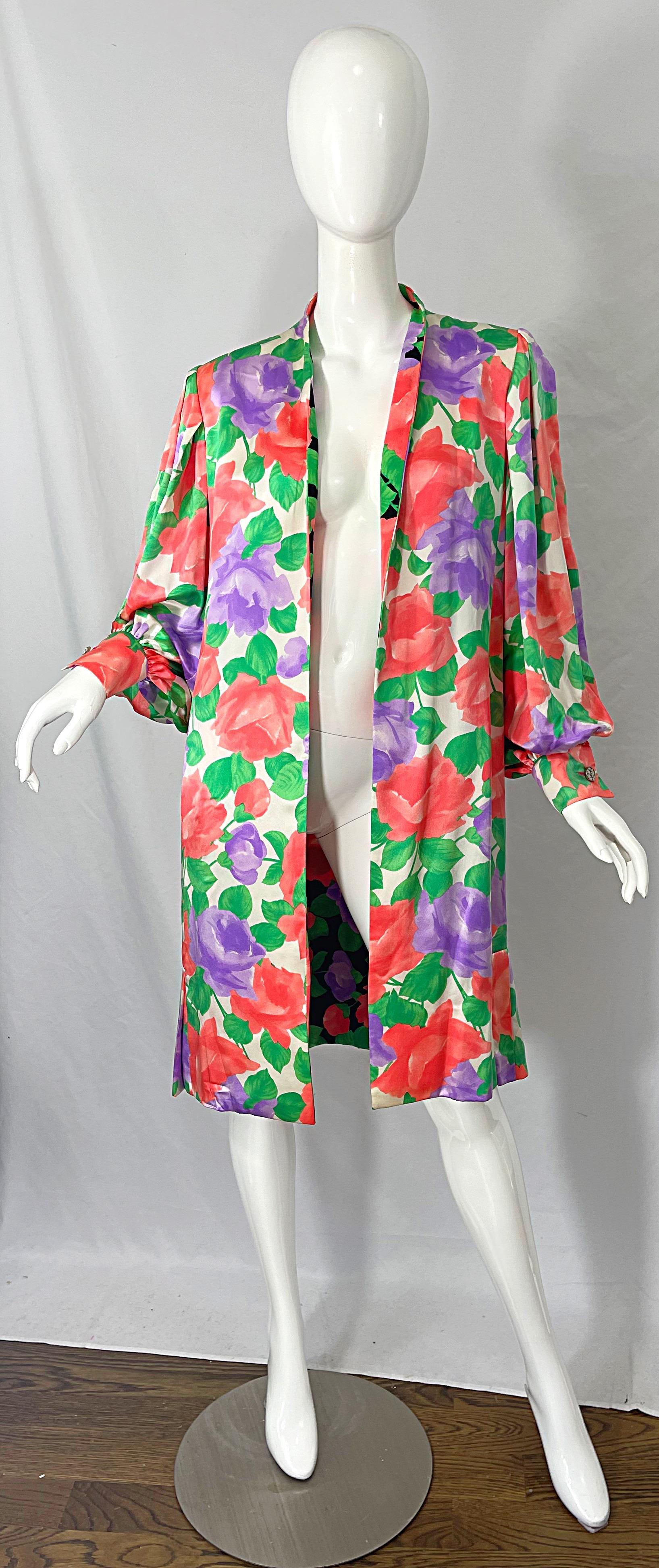 1980er James Galanos Rose Vintage 80er Jahre Kleid + Swing Jacke aus Seide mit Blumendruck im Angebot 4