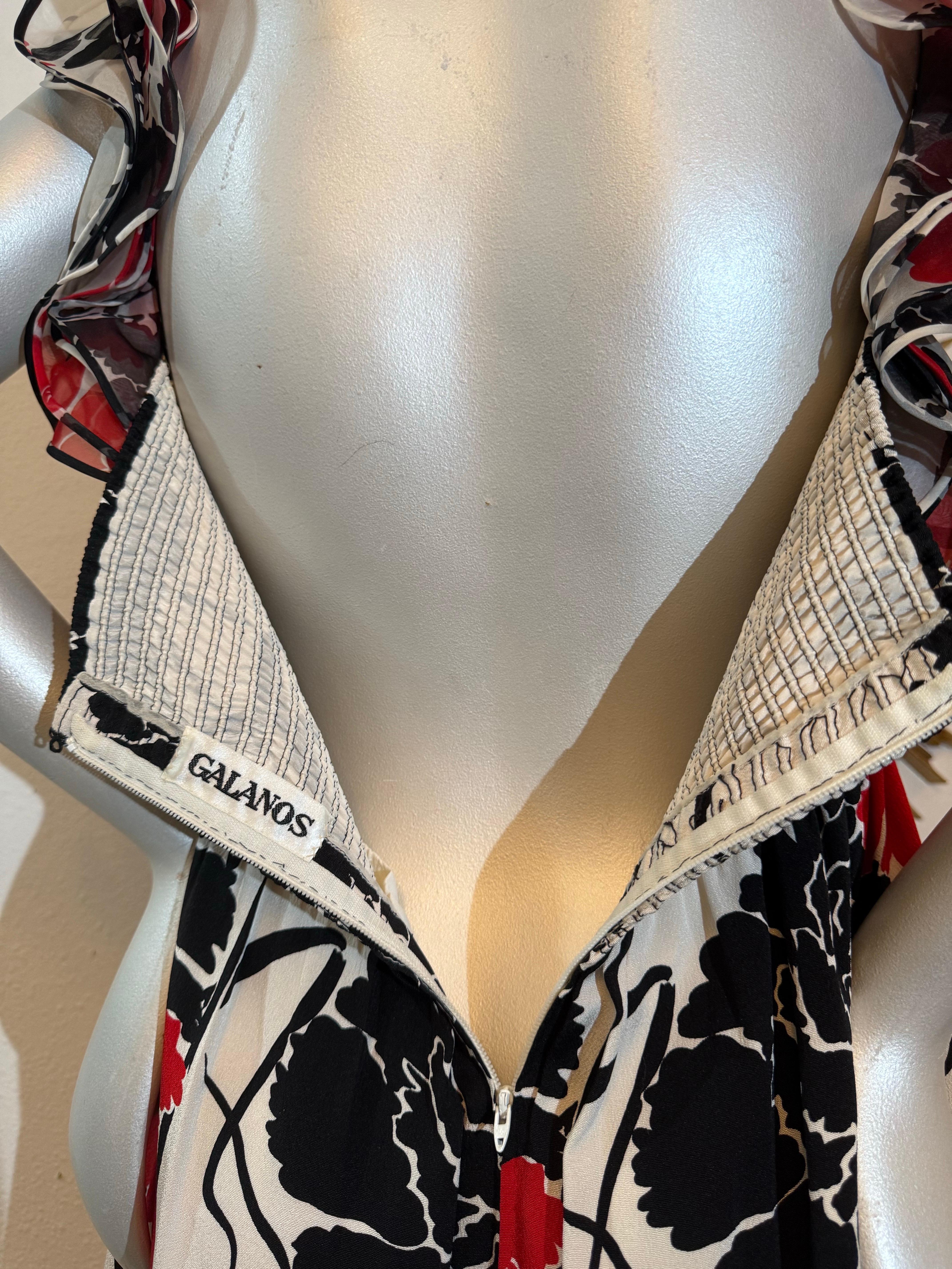 James Galanos Seidenkleid in B-Line aus den 1980er Jahren in Schwarz-Weiß und Rot mit Blumendruck und Rüschen im Angebot 8