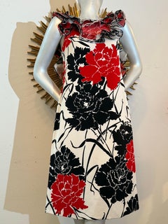 1980s James Galanos Silk A-Line Dress in Bold B/W & Red Floral Print w Ruffles