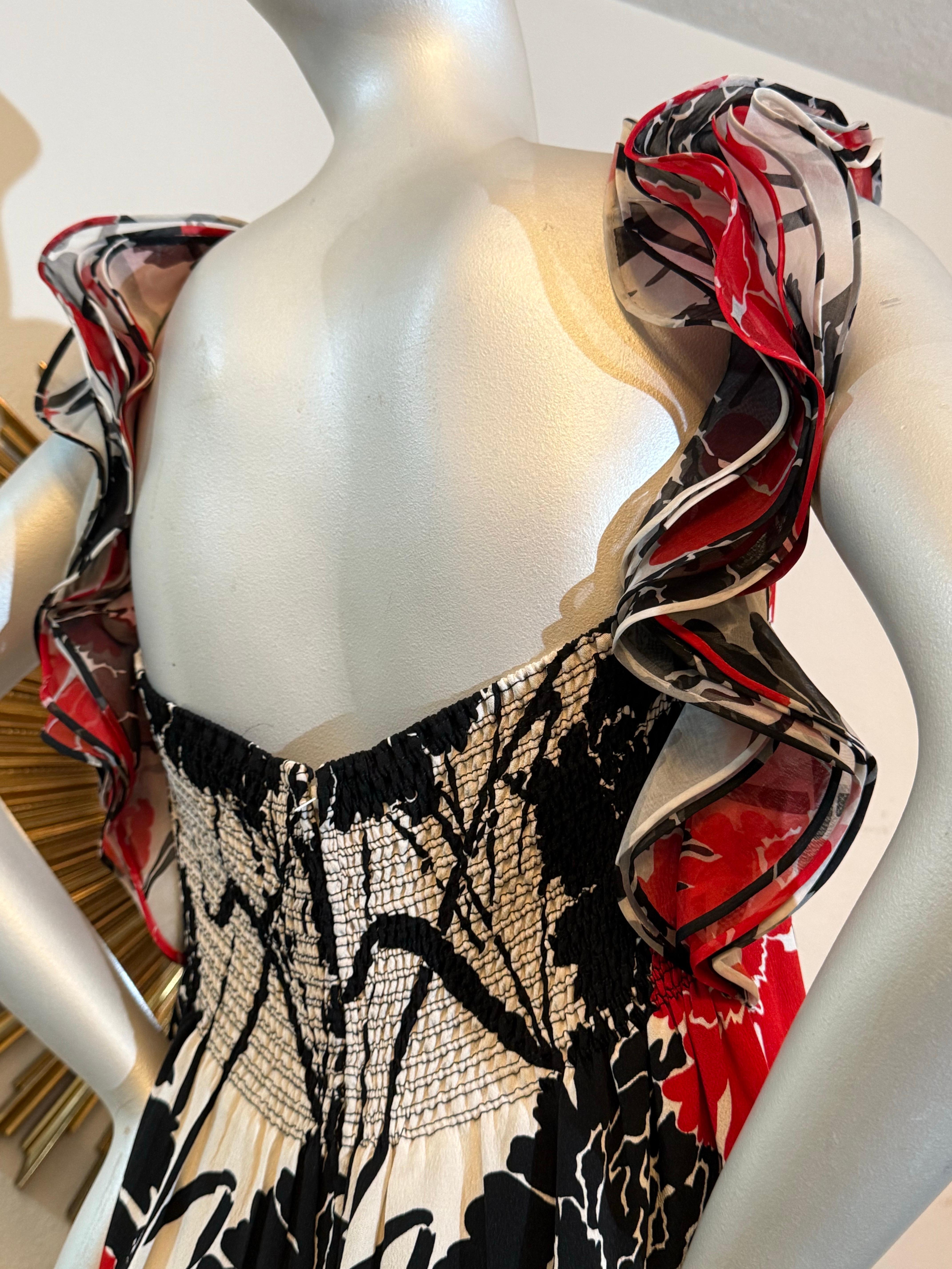 James Galanos Seidenkleid in B-Line aus den 1980er Jahren in Schwarz-Weiß und Rot mit Blumendruck und Rüschen im Angebot 3