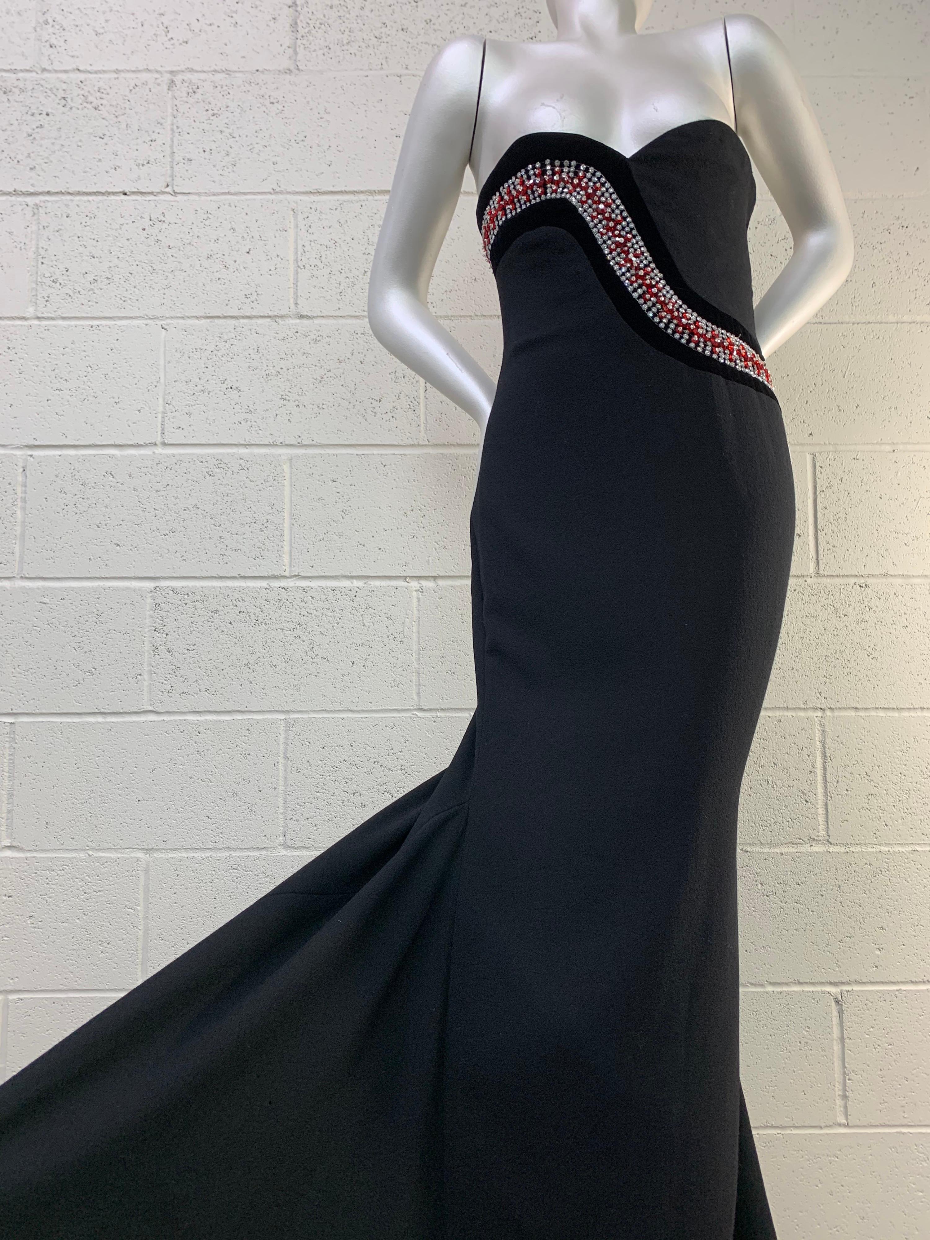 1980s James Galanos Strapless Fishtail Black Wool Crepe Gown w/ Sinuous Crystals For Sale 6