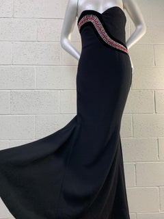 1980s James Galanos Strapless Fishtail Black Wool Crepe Gown w/ Sinuous Crystals
