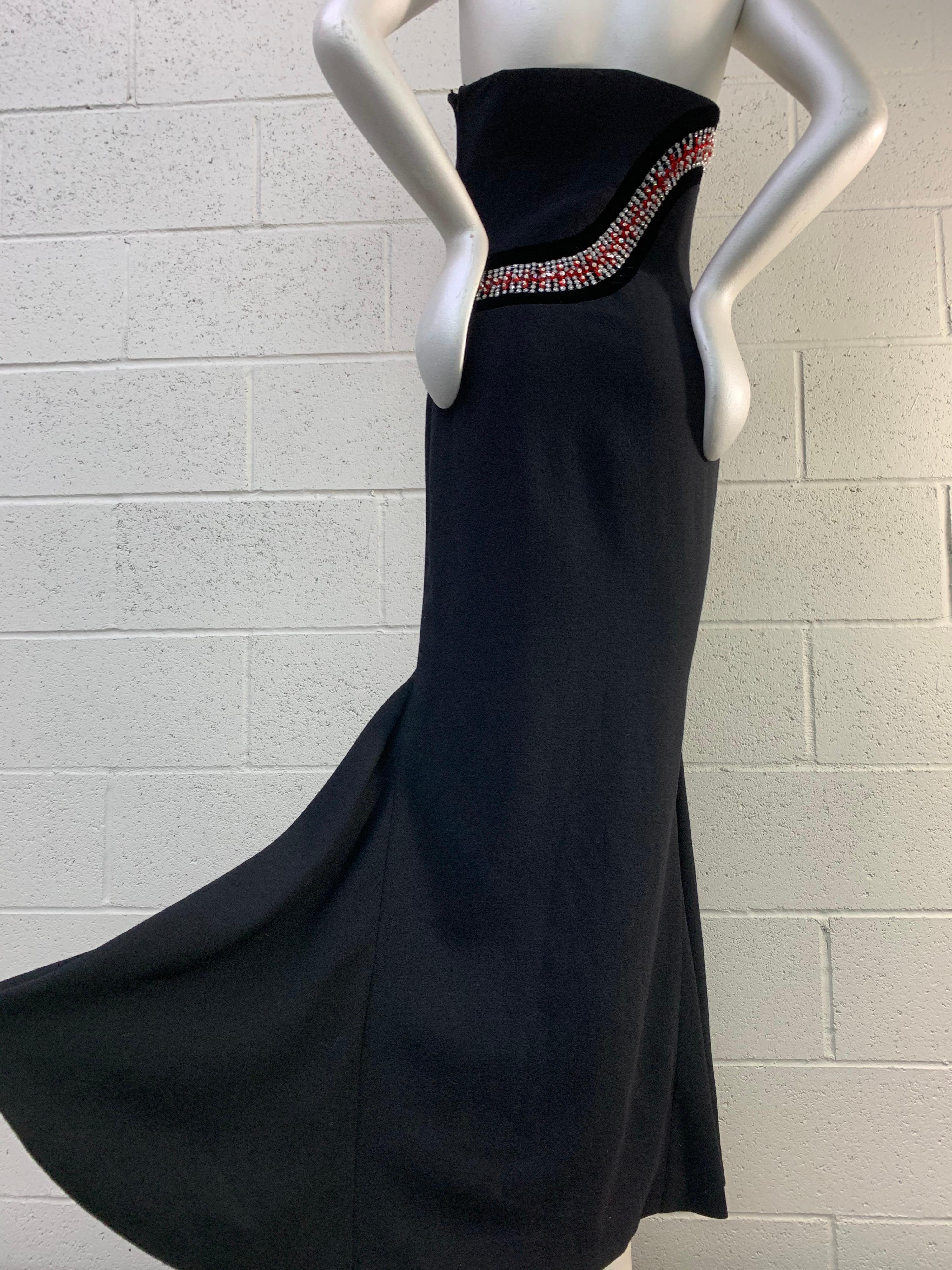 1980s James Galanos Strapless Fishtail Black Wool Crepe Gown w/ Sinuous Crystals For Sale 3