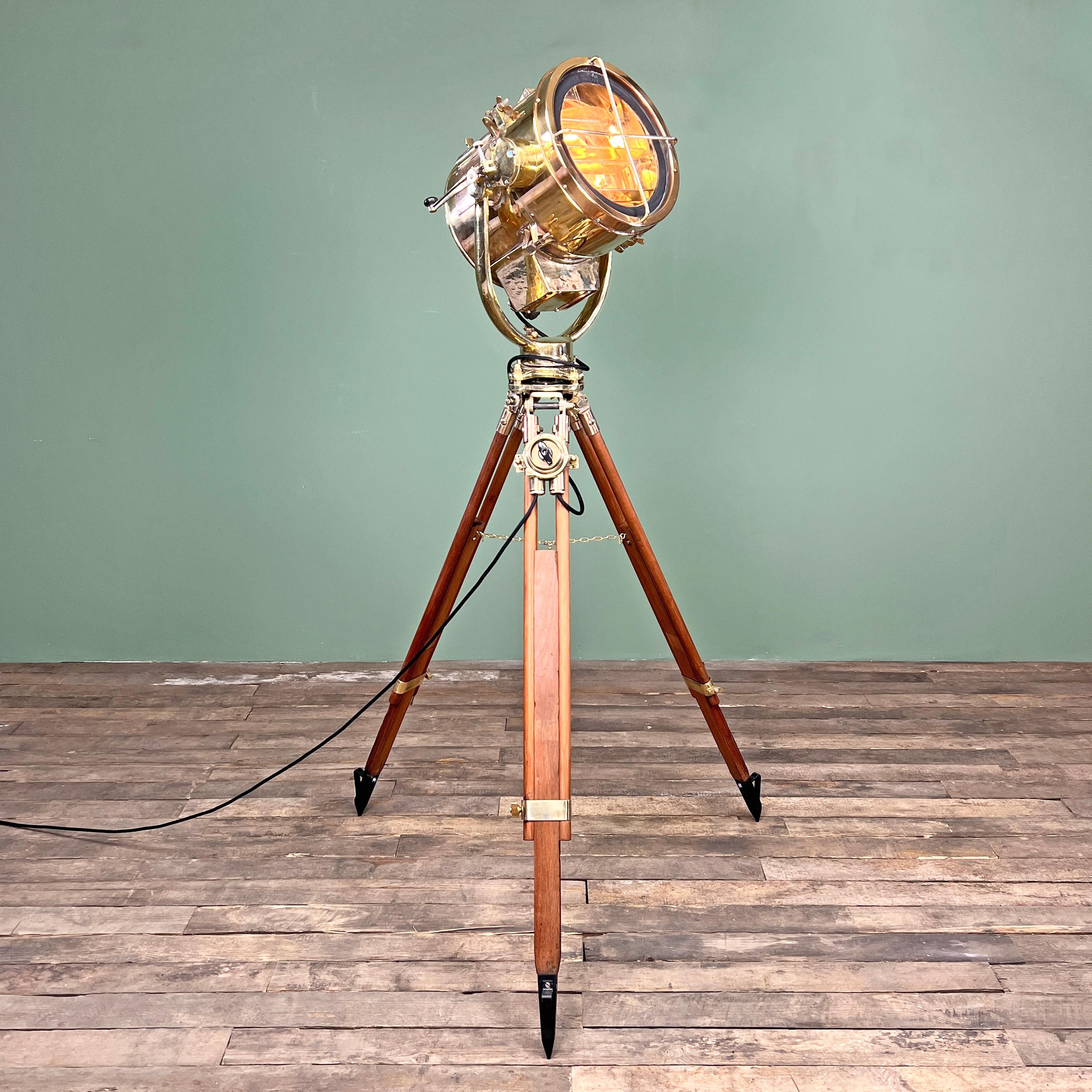 This brass daylight signal lamp is reclaimed from Navy ships where it was used as a morse code light to send messages between ships. Manufactured in 1984 by the Japanese company Shonan Kosakusho, it is fully functioning and professionally restored.