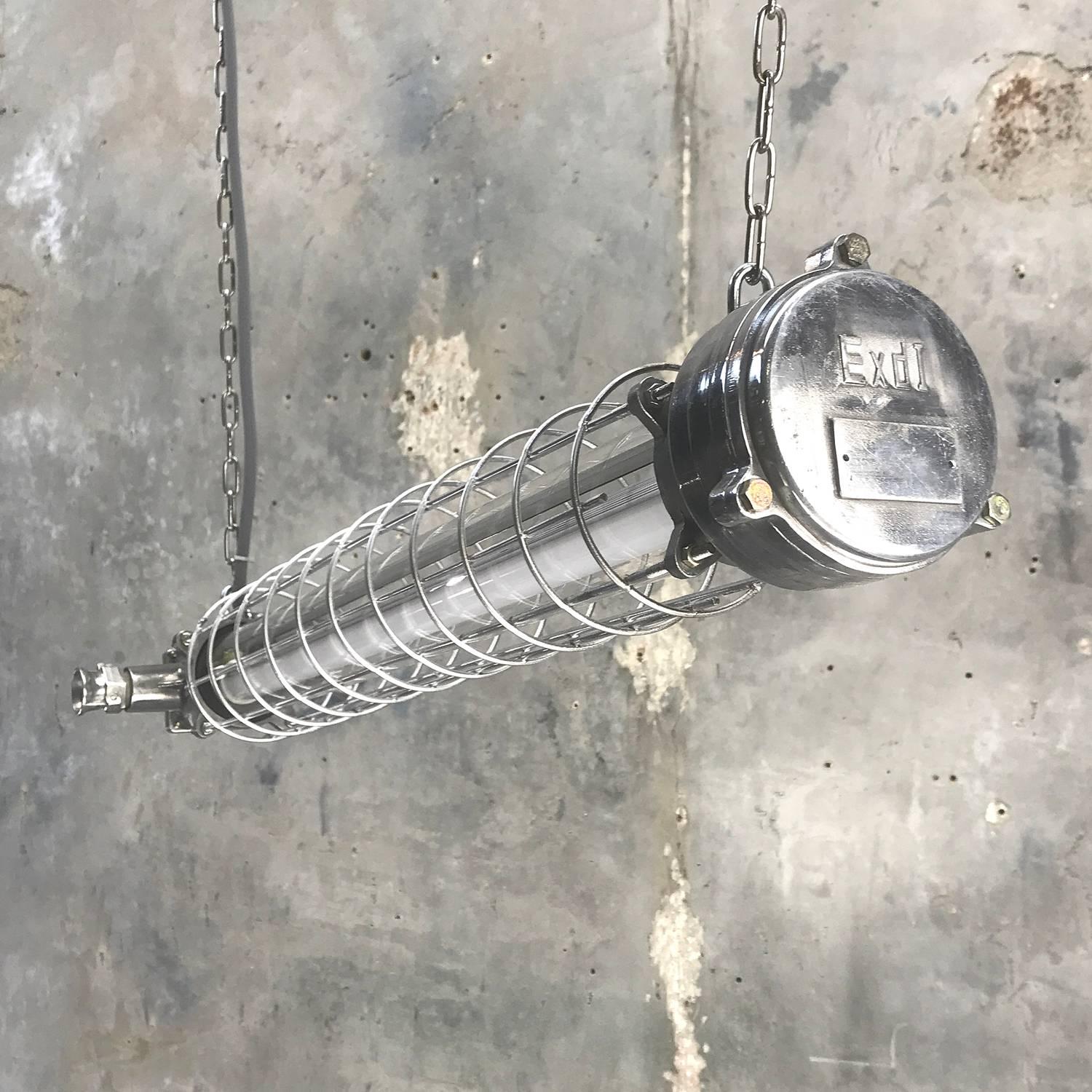 1980s Japanese Cast Aluminium and Borosilicate Glass Explosion Proof Tube Light 3