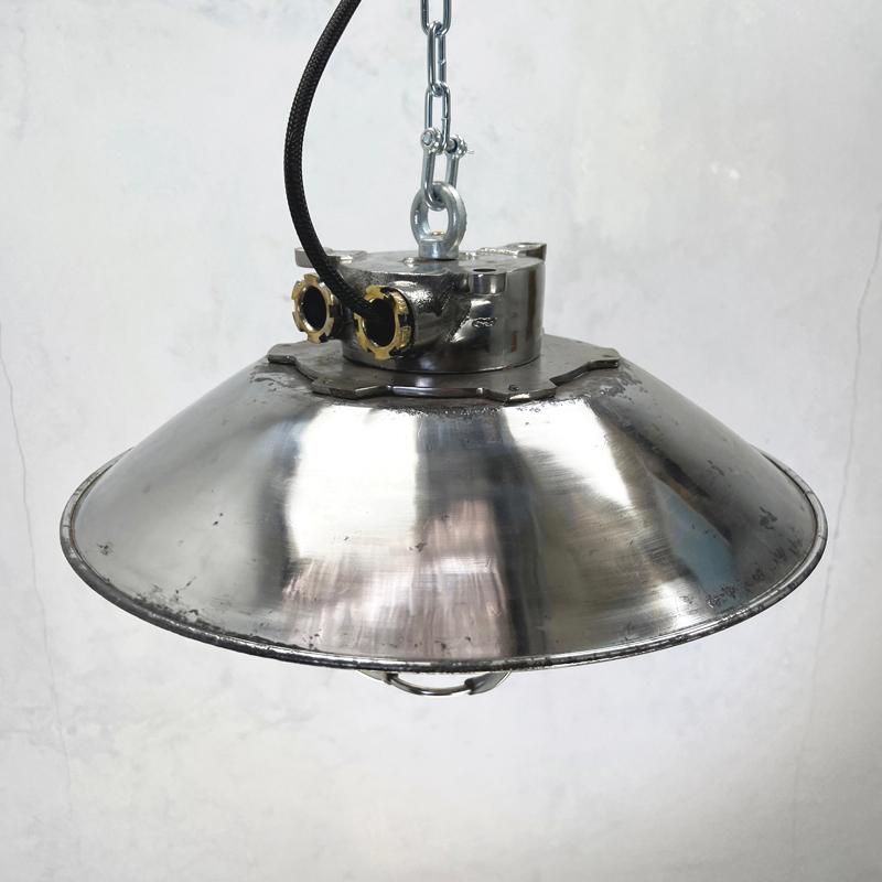1980's Japanese Cast Steel Explosion Proof Pendant, Cage & Glass Shade, Large For Sale 4