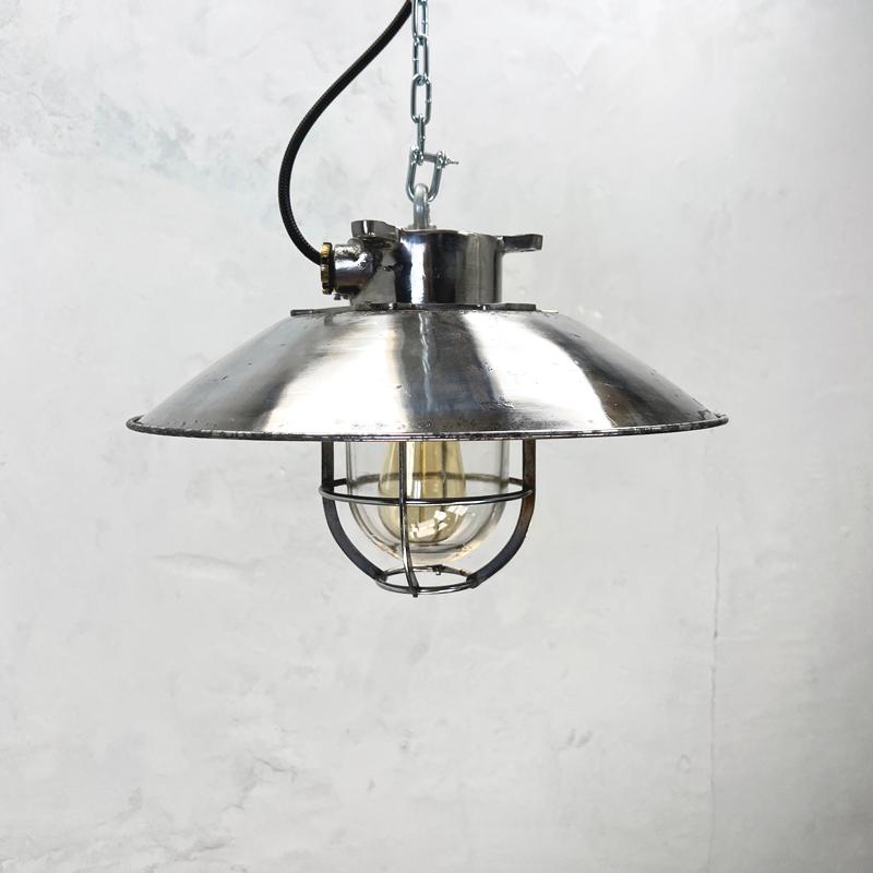 1980's Japanese Cast Steel Explosion Proof Pendant, Cage & Glass Shade, Large For Sale 6