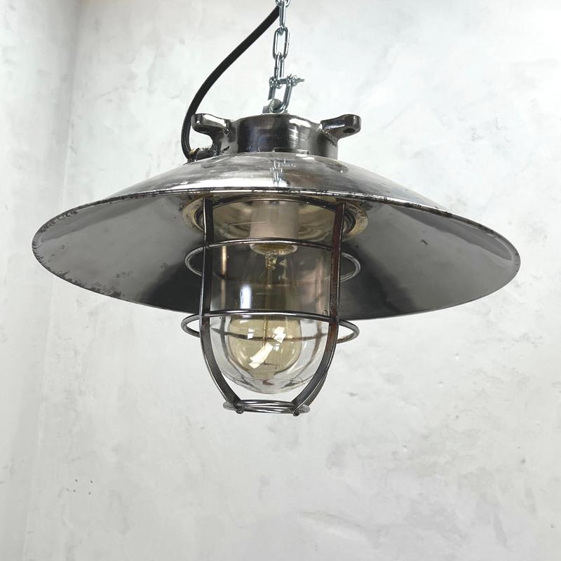 Industrial 1980's Japanese Cast Steel Explosion Proof Pendant, Cage & Glass Shade, Large For Sale