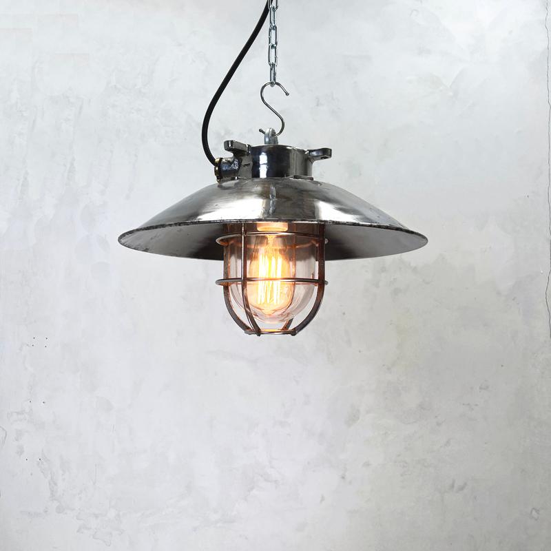 Late 20th Century 1980's Japanese Cast Steel Explosion Proof Pendant, Cage & Glass Shade, Large For Sale