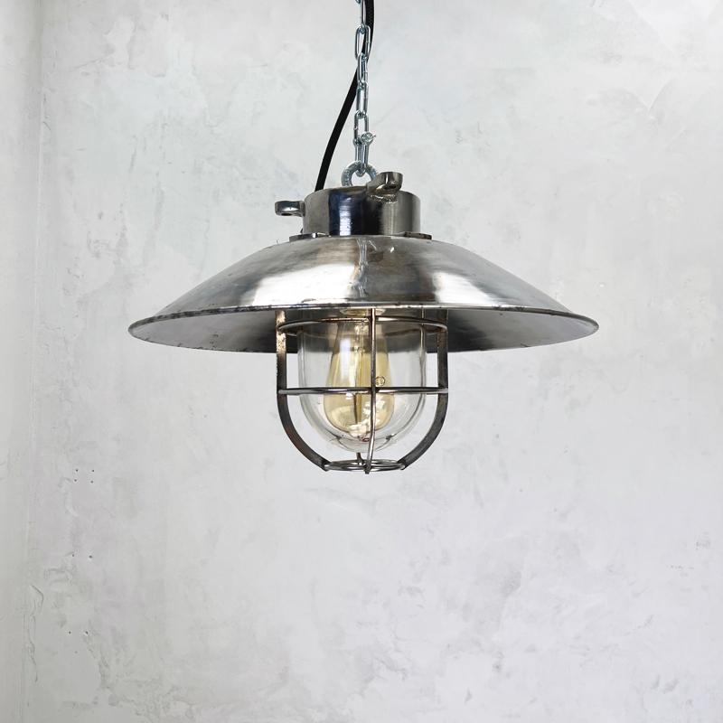 Brass 1980's Japanese Cast Steel Explosion Proof Pendant, Cage & Glass Shade, Large For Sale
