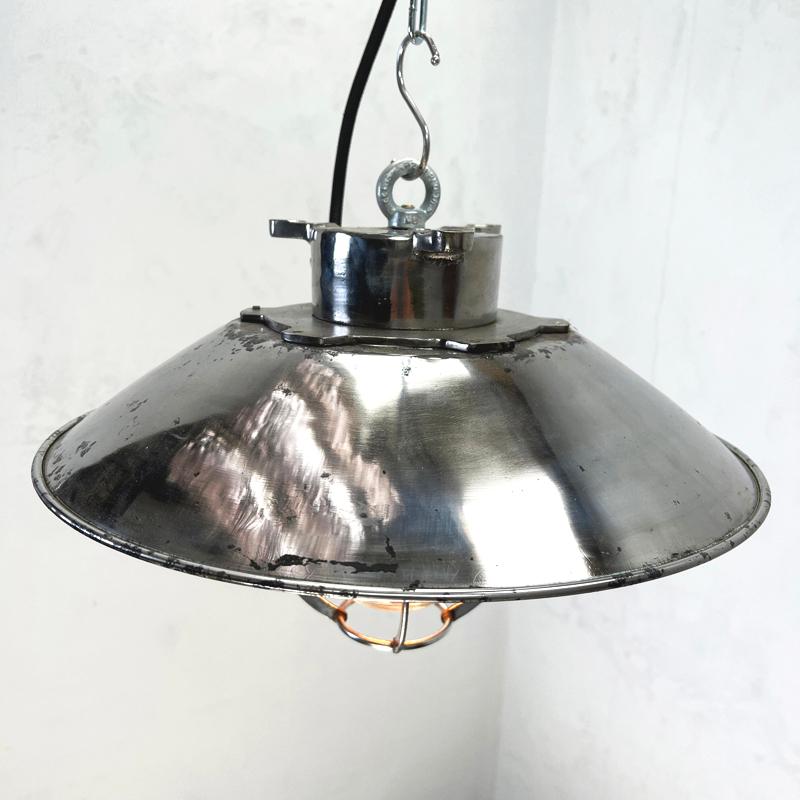 1980's Japanese Cast Steel Explosion Proof Pendant, Cage & Glass Shade, Large For Sale 1