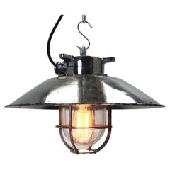 1980's Japanese Cast Steel Explosion Proof Pendant, Cage & Glass Shade, Large