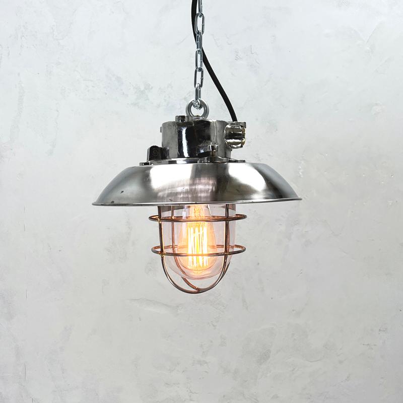 1980's Japanese Cast Steel Explosion Proof Pendant, Cage & Glass Shade For Sale 4