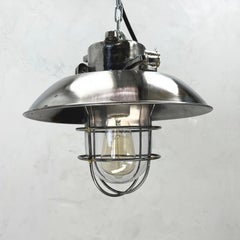 1980's Japanese Cast Steel Explosion Proof Pendant, Cage & Glass Shade