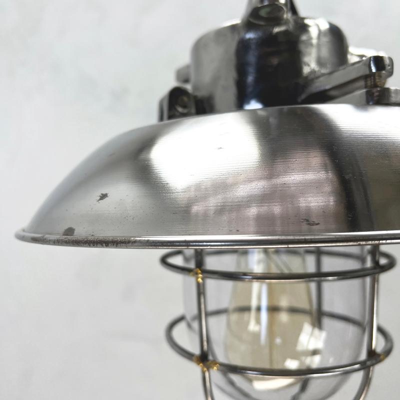 Late 20th Century 1980's Japanese Cast Steel Explosion Proof Pendant, Cage & Glass Shade For Sale