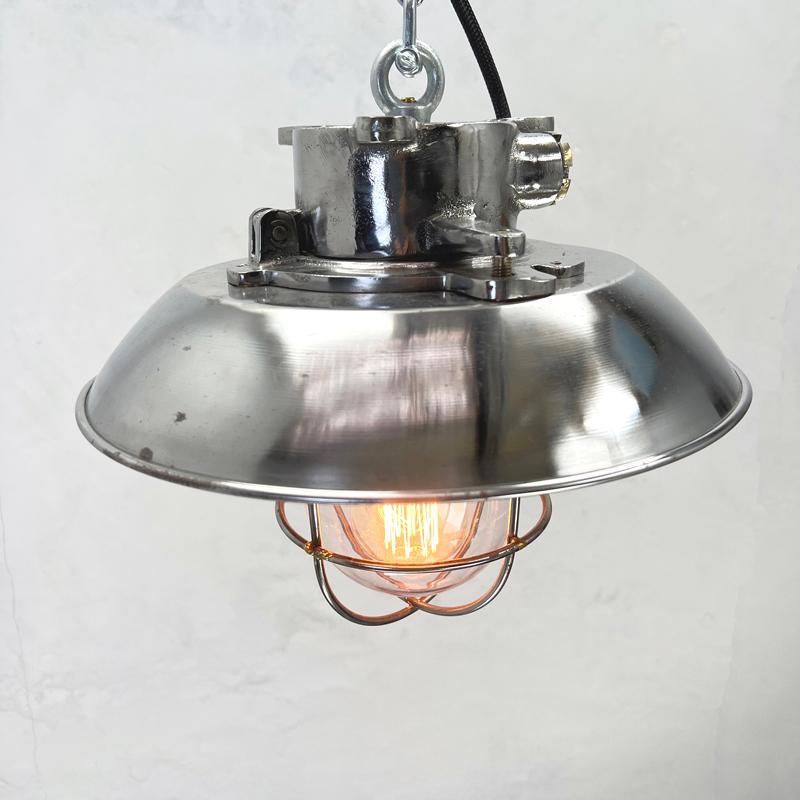 1980's Japanese Cast Steel Explosion Proof Pendant, Cage & Glass Shade For Sale 2