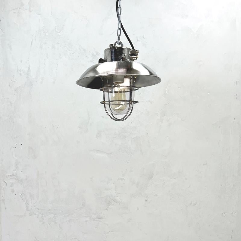 1980's Japanese Cast Steel Explosion Proof Pendant, Cage & Glass Shade For Sale 3