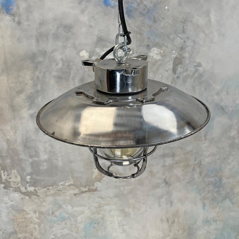 1980's Japanese Cast Steel Explosion Proof Pendant - Glass Dome, Shade & Cage  For Sale 12