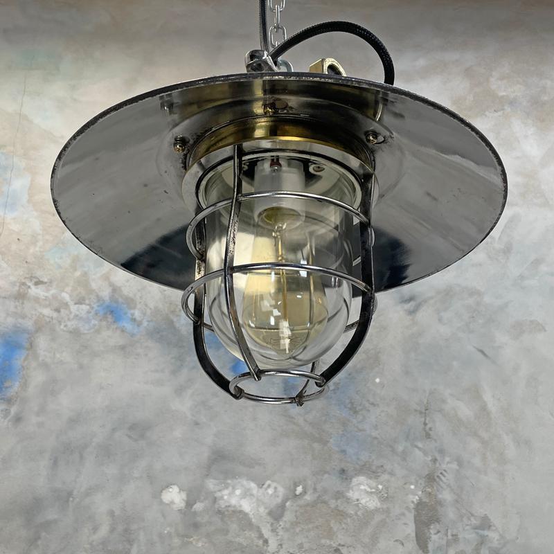 Late 20th Century 1980's Japanese Cast Steel Explosion Proof Pendant - Glass Dome, Shade & Cage  For Sale
