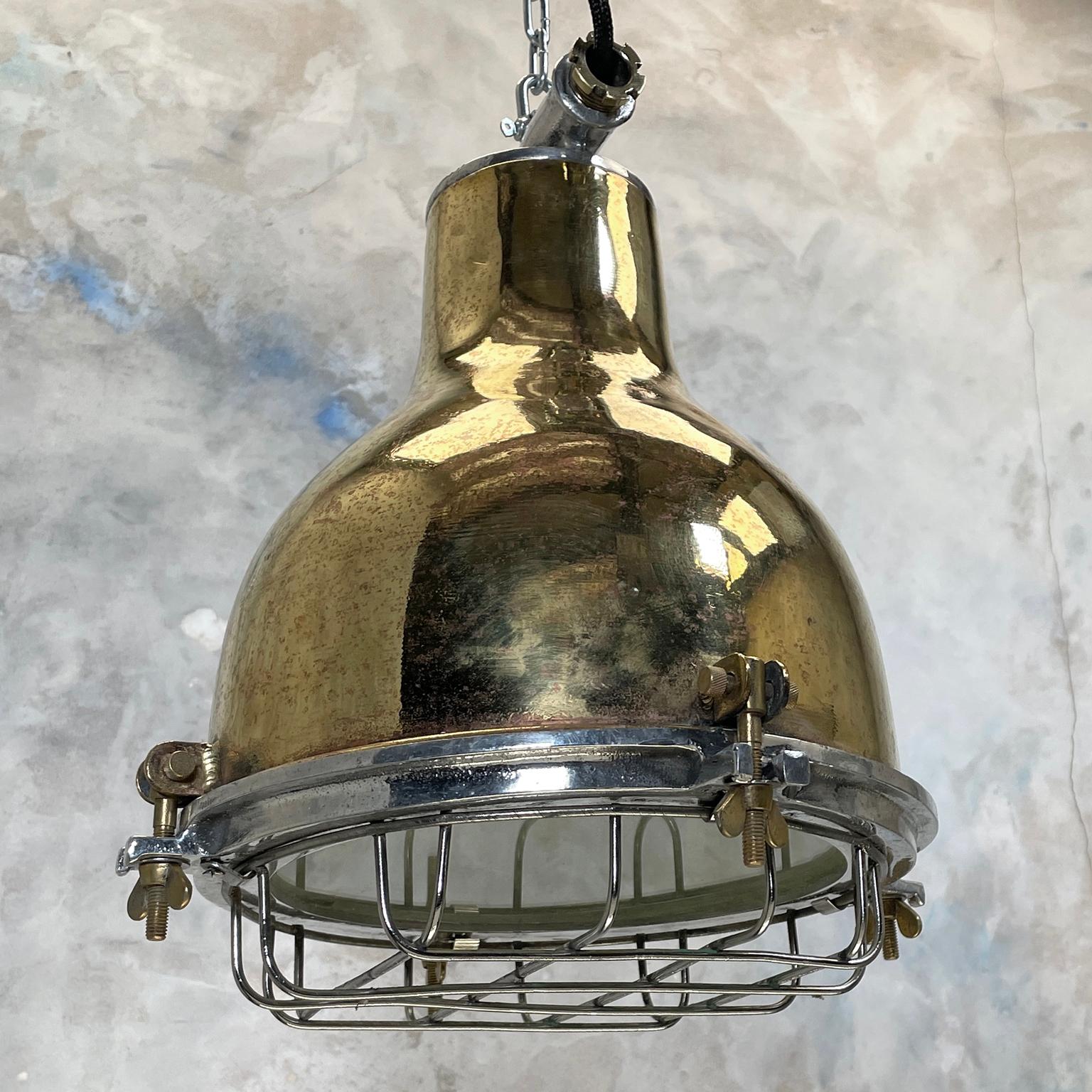 1980's Japanese Industrial Brass, Aluminium & Glass Dome Pendant Lamp with Cage 4