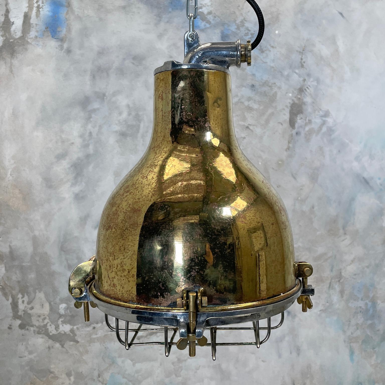 1980's Japanese Industrial Brass, Aluminium & Glass Dome Pendant Lamp with Cage 6