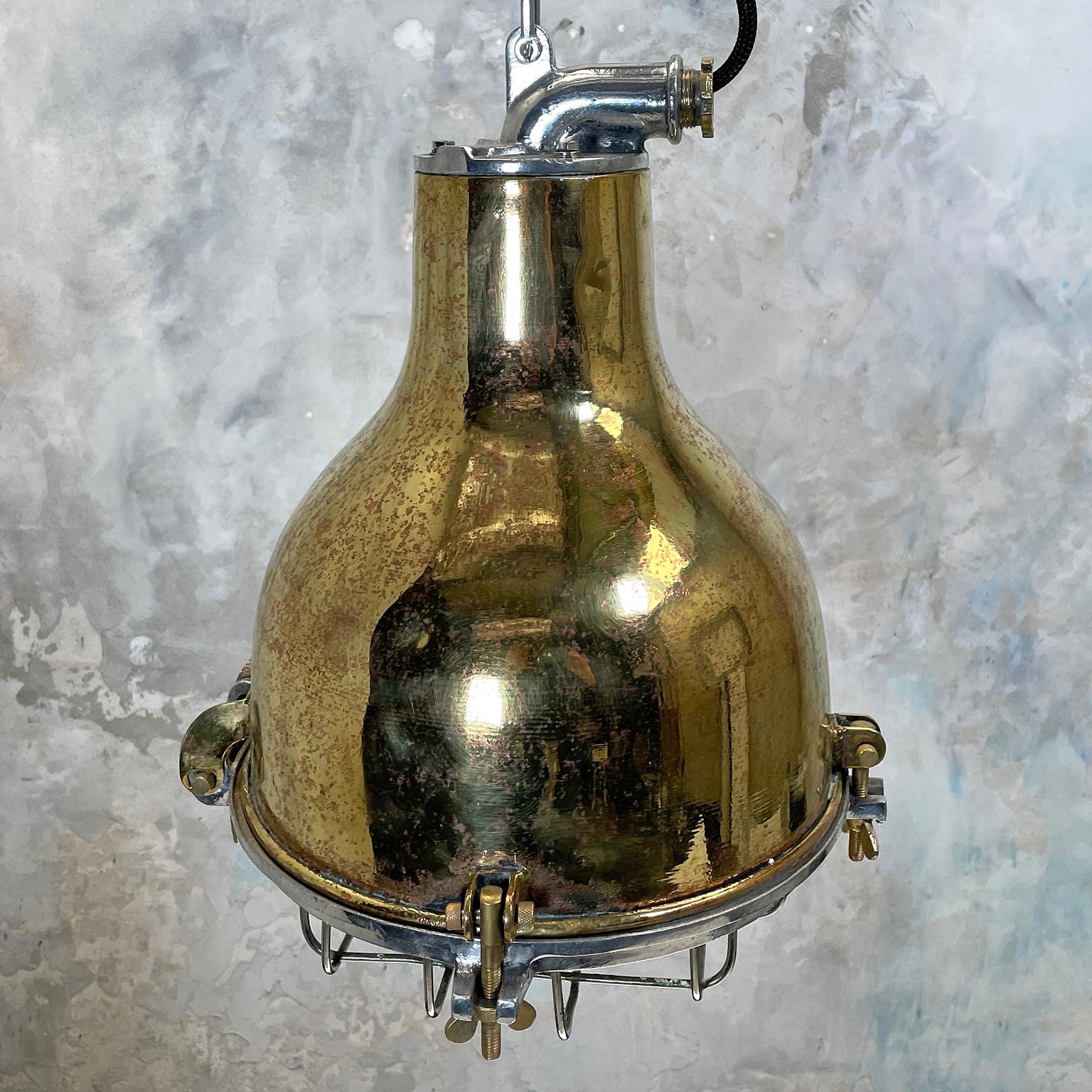 1980's Japanese Industrial Brass, Aluminium & Glass Dome Pendant Lamp with Cage 7