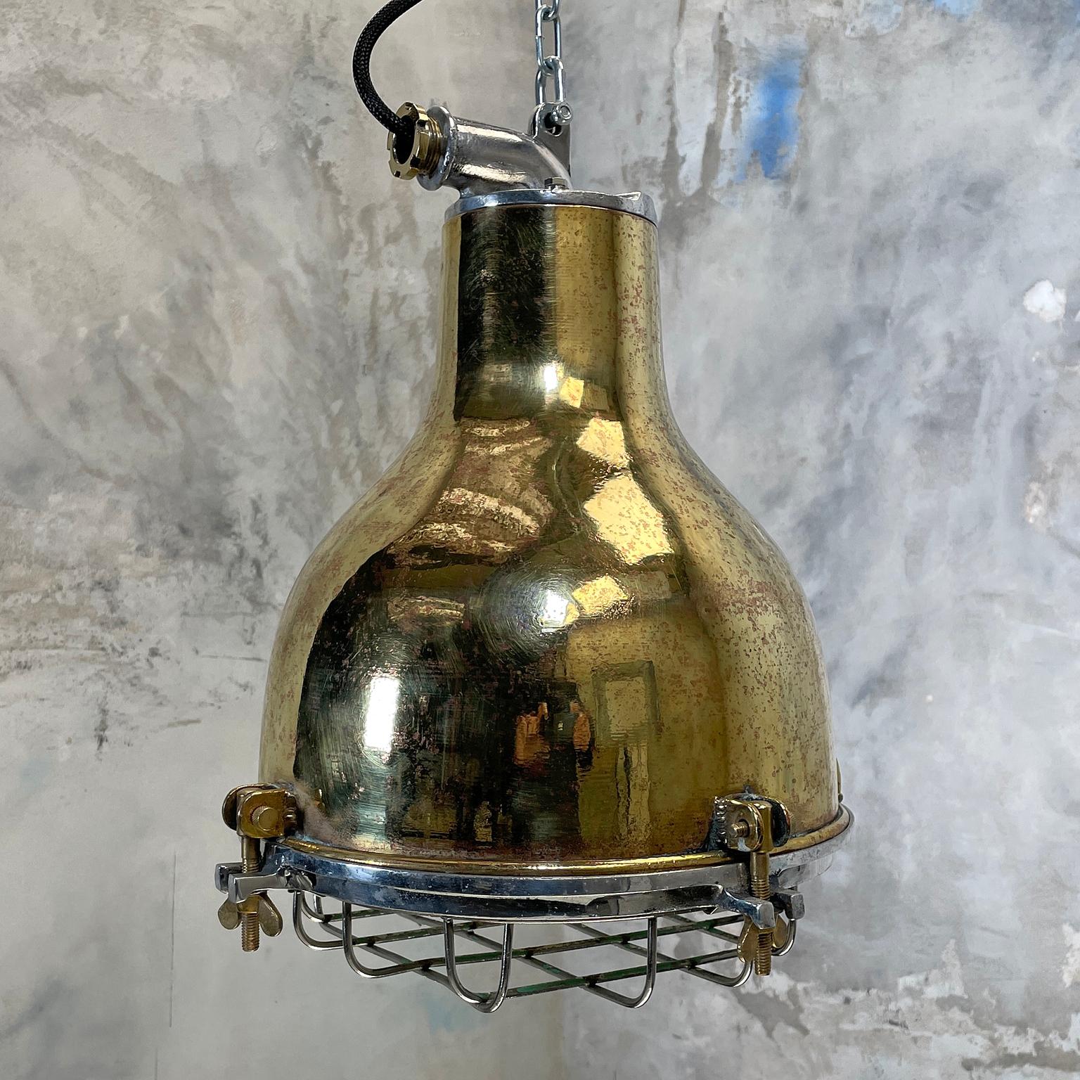 1980's Japanese Industrial Brass, Aluminium & Glass Dome Pendant Lamp with Cage 9