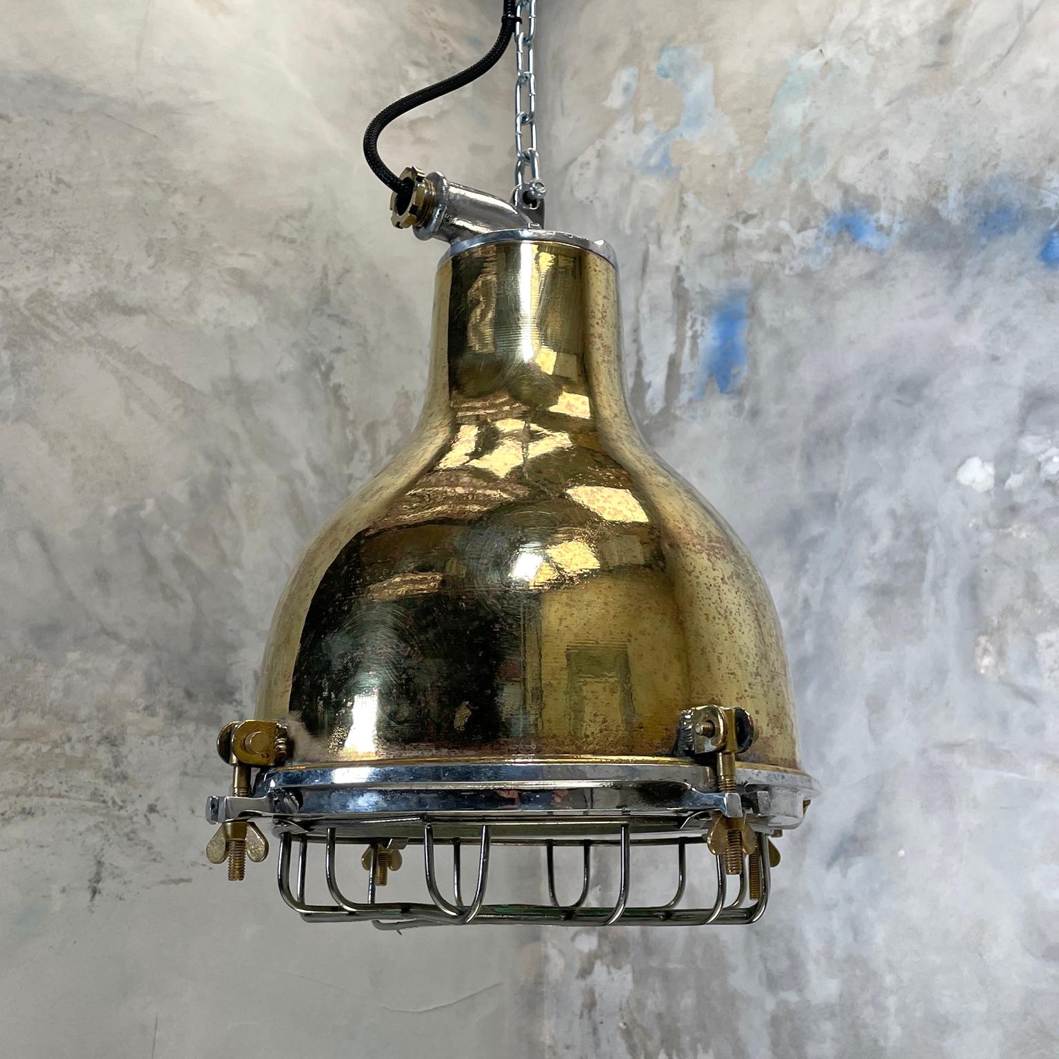 1980's Japanese Industrial Brass, Aluminium & Glass Dome Pendant Lamp with Cage 10