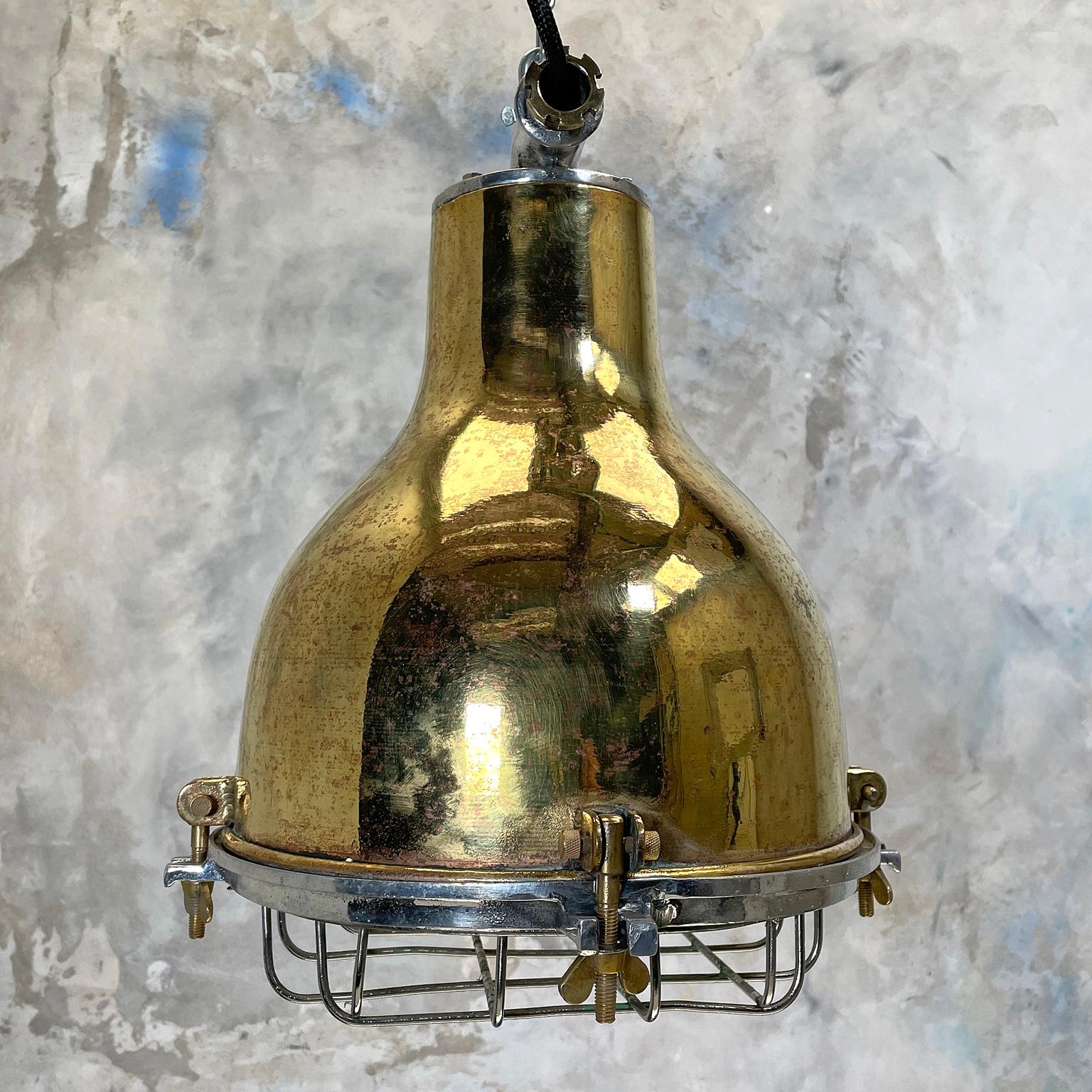 Cast 1980's Japanese Industrial Brass, Aluminium & Glass Dome Pendant Lamp with Cage
