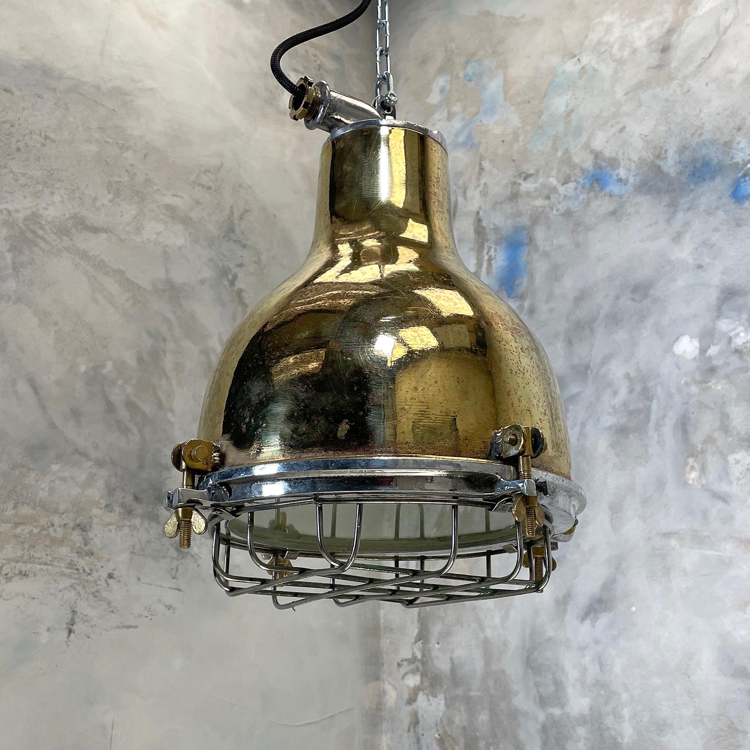 1980's Japanese Industrial Brass, Aluminium & Glass Dome Pendant Lamp with Cage In Good Condition In Leicester, Leicestershire