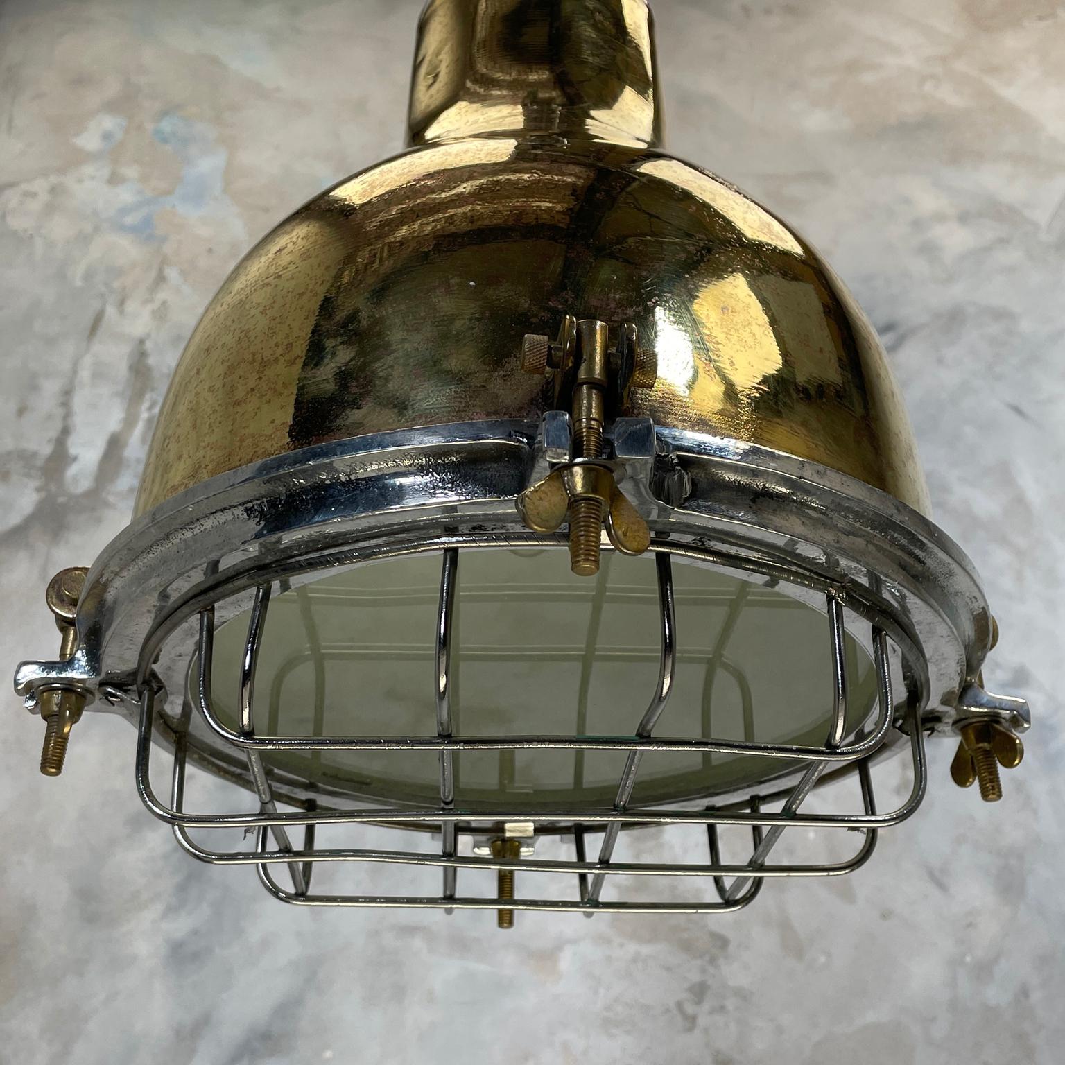 Late 20th Century 1980's Japanese Industrial Brass, Aluminium & Glass Dome Pendant Lamp with Cage