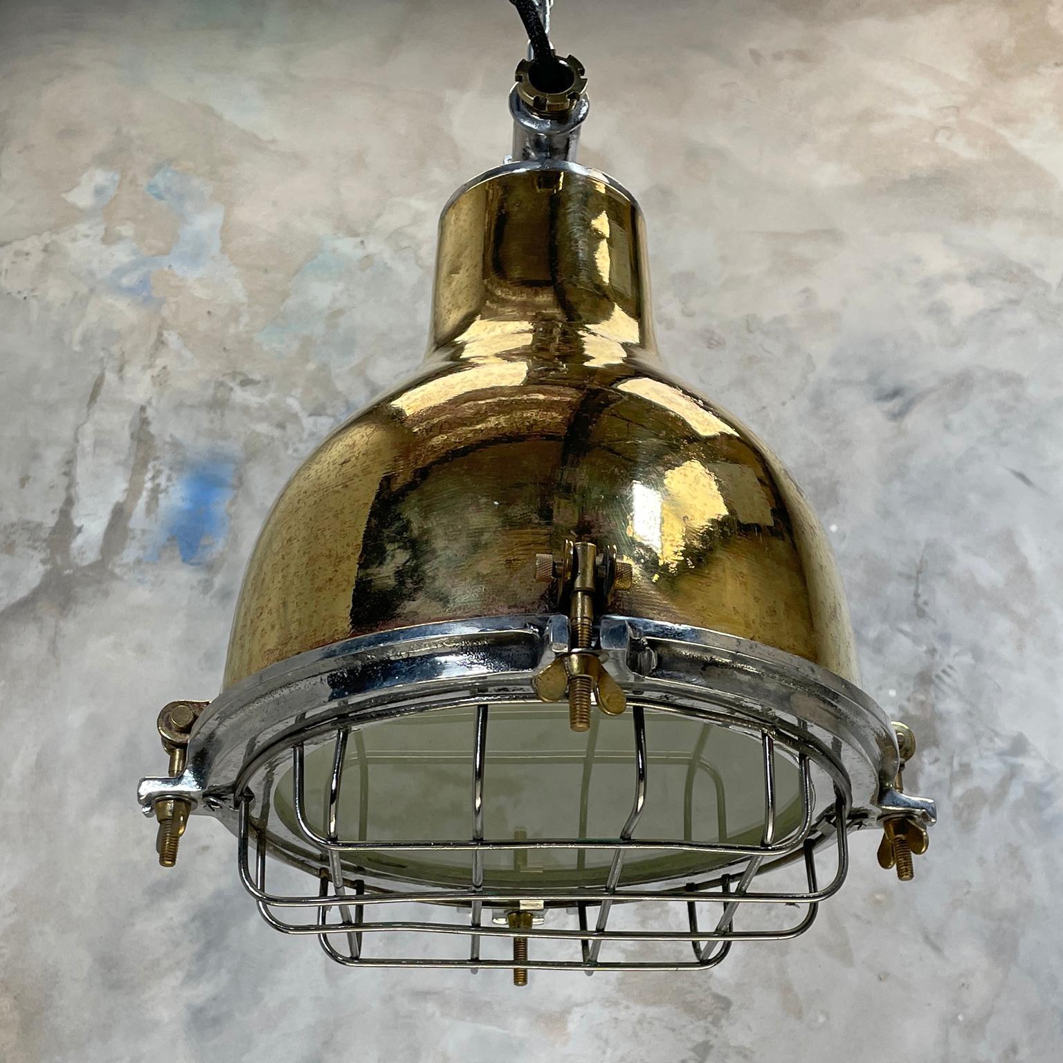 1980's Japanese Industrial Brass, Aluminium & Glass Dome Pendant Lamp with Cage 3