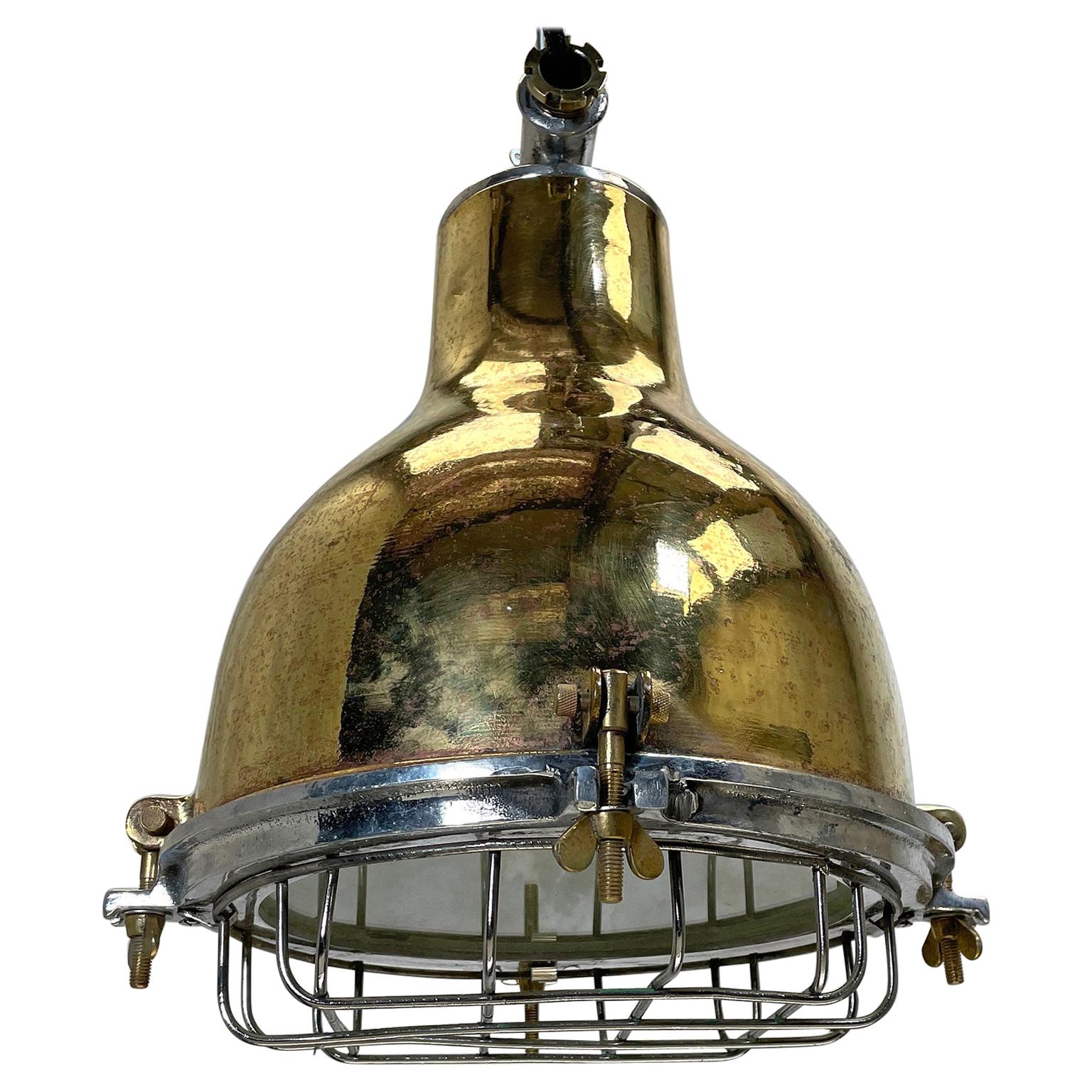 1980's Japanese Industrial Brass, Aluminium & Glass Dome Pendant Lamp with Cage
