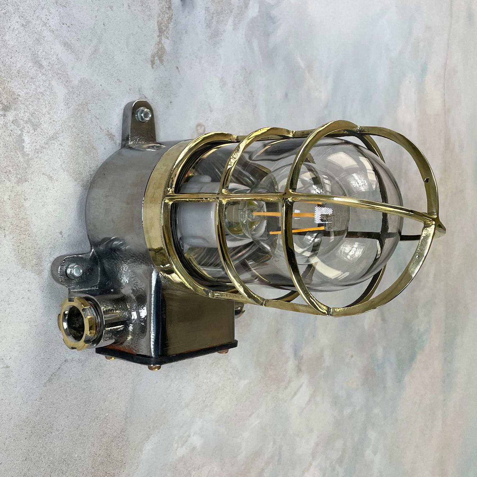 1980s Japanese Kokosha Industrial Cast Iron Sconce Brass Cage and Glass Shade For Sale 6