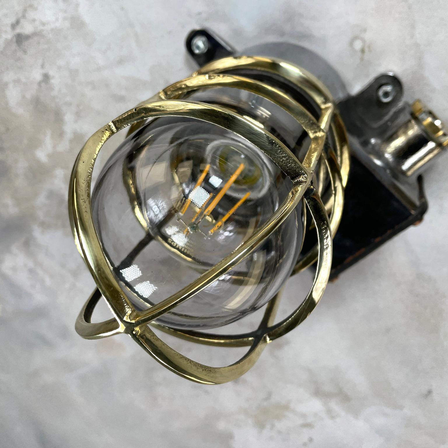 1980s Japanese Kokosha Industrial Cast Iron Sconce Brass Cage and Glass Shade For Sale 10