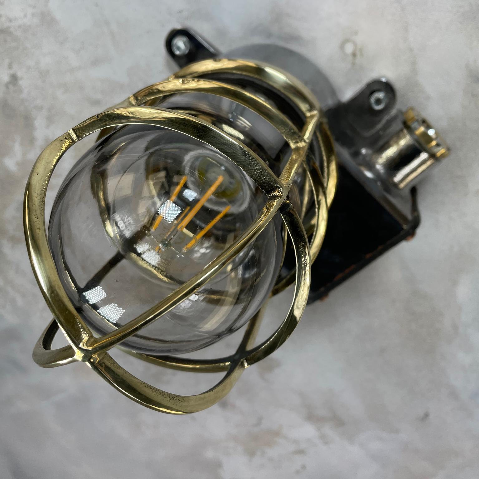 1980s Japanese Kokosha Industrial Cast Iron Sconce Brass Cage and Glass Shade For Sale 12