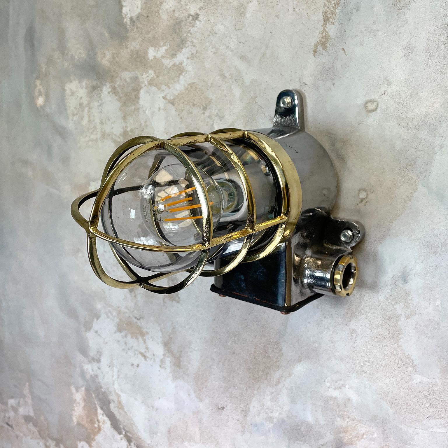 1980s Japanese Kokosha Industrial Cast Iron Sconce Brass Cage and Glass Shade For Sale 13