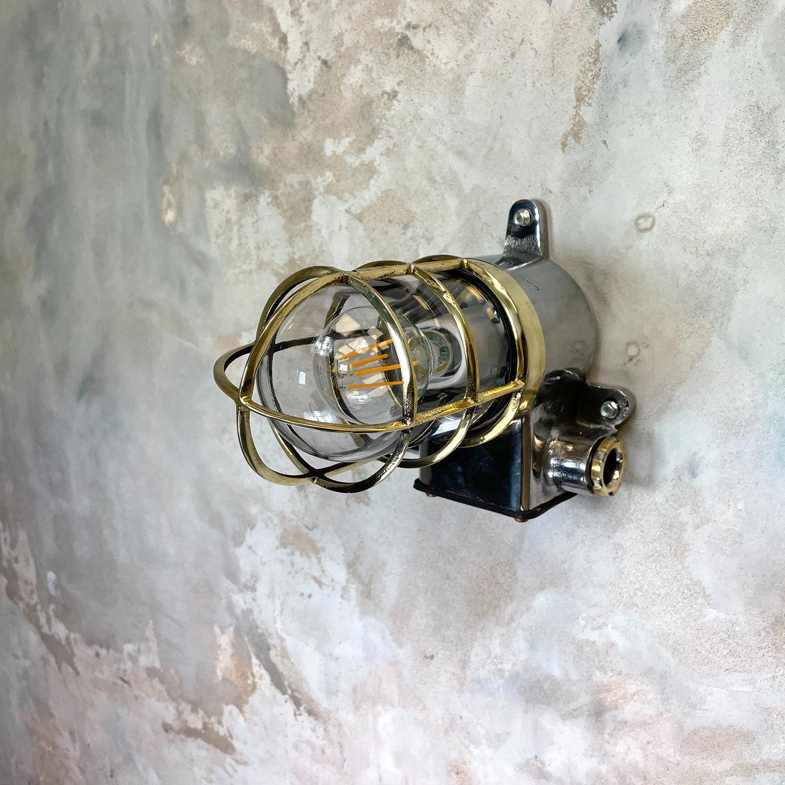 1980s Japanese Kokosha Industrial Cast Iron Sconce Brass Cage and Glass Shade For Sale 14