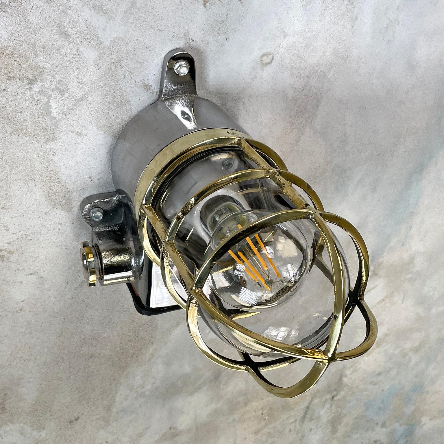 1980s Japanese Kokosha Industrial Cast Iron Sconce Brass Cage and Glass Shade For Sale 1