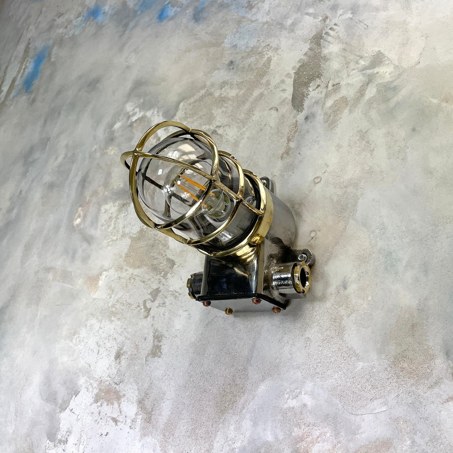 1980s Japanese Kokosha Industrial Cast Iron Sconce Brass Cage and Glass Shade For Sale 2