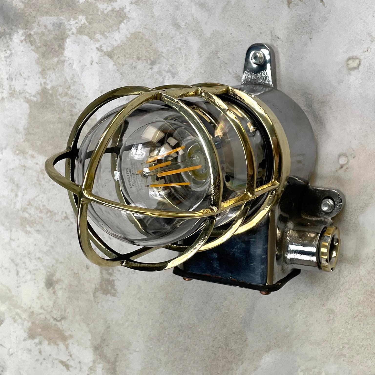 1980s Japanese Kokosha Industrial Cast Iron Sconce Brass Cage and Glass Shade For Sale 5